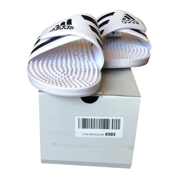 Adidas NIB Adissage Massage Post Workout Rejuvenation Slides White Black Size 17 - Picture 2 of 16